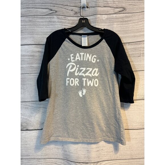 Maternity Eating Pizza For Two Baseball Tee Shirt Size L - Picture 1 of 3